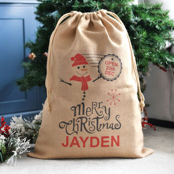 Personalised Snowman Hessian Santa Christmas Sack, 2 of 3