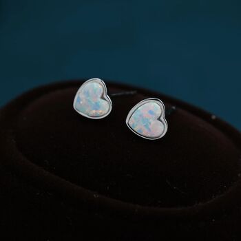 White Opal Heart Stud Earrings In Sterling Silver, 6 of 11