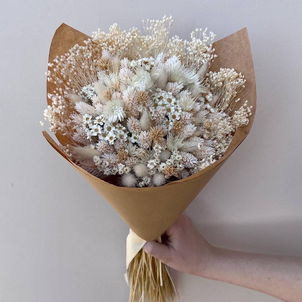 White Dried Flower Wedding Bouquet With Daisies, 1 of 3