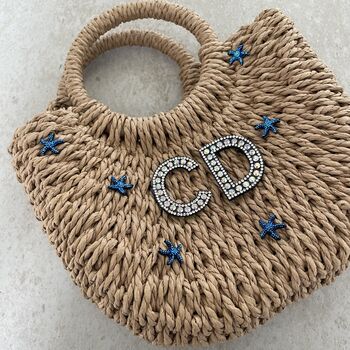 Personalised Ada Blue Starfish Half Moon Wicker Basket Drawstring Bag, 3 of 5