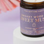 Smokey Wood And Sweet Musk Soy Wax Candle – Luxury Amber Jar Candle, thumbnail 4 of 8