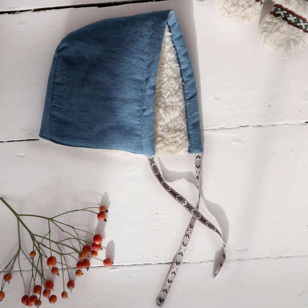 Denim Winter Bonnet With Organic Cotton Shearling By Annaliv