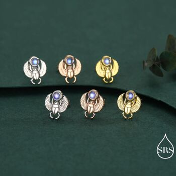 Sterling Silver Scarab Beetle Stud Earrings With Lab Moonstone, 7 of 12