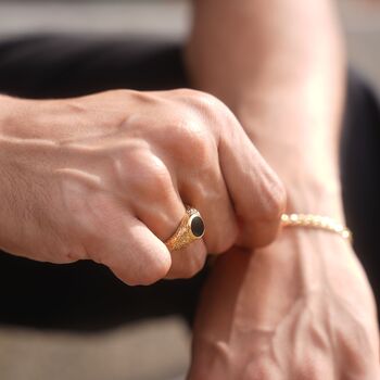 Gold Signet Noir Vintage Style Patterned Band Ring For Men, 8 of 12
