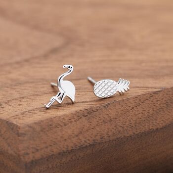 Mismatched Pineapple And Flamingo Stud Earrings In Sterling Silver, 3 of 10