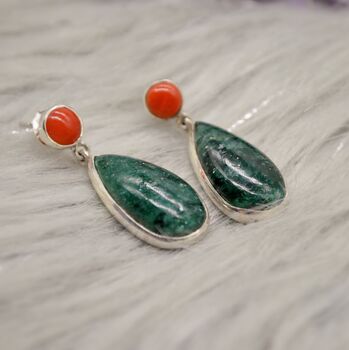 Green Emerald, Coral Sterling Silver Earrings, 2 of 9