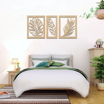 098 Three Panels Wooden Leaves Wall Art Home Decor, 3 of 9