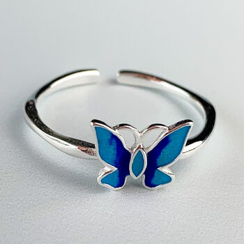 Sterling Silver Blue Butterfly Adjustable Ring, 2 of 5