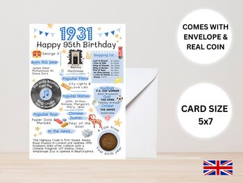 95th Birthday Card With 1931 Coin And Envelope Choose Your Colour, 2 of 3
