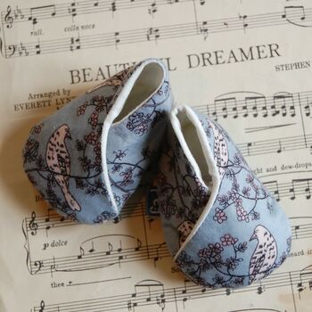 Eco Baby Shoes In Pale Blue With Flower And Bird Print, 2 of 11
