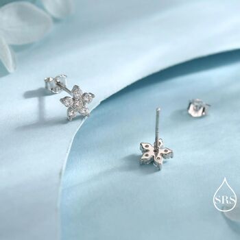 Sparkly Forget Me Not Flower Tiny Stud Earrings In Sterling Silver With Cz Crystals, 3 of 11