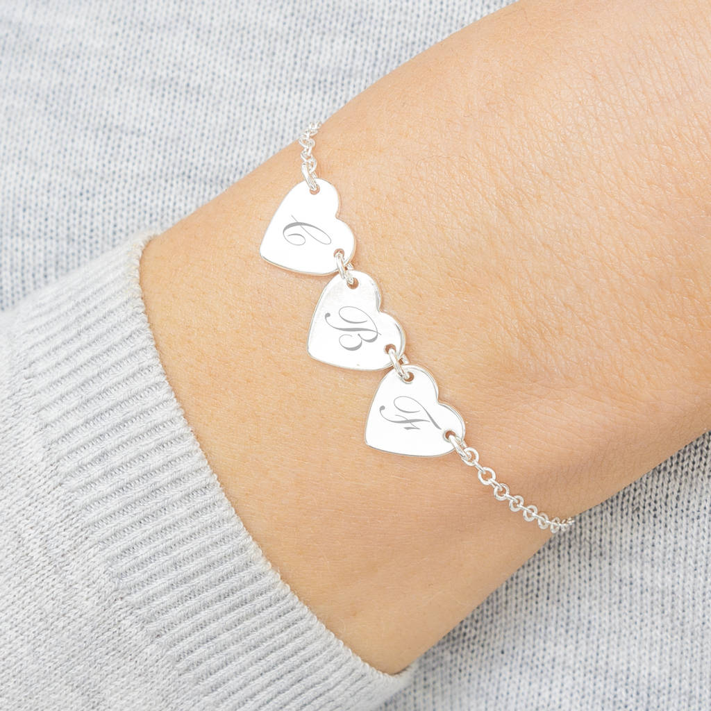 Personalised Initial Triple Heart Bracelet By Bloom Boutique Personalised Initial Triple Heart Bracelet Rose Gold Silver