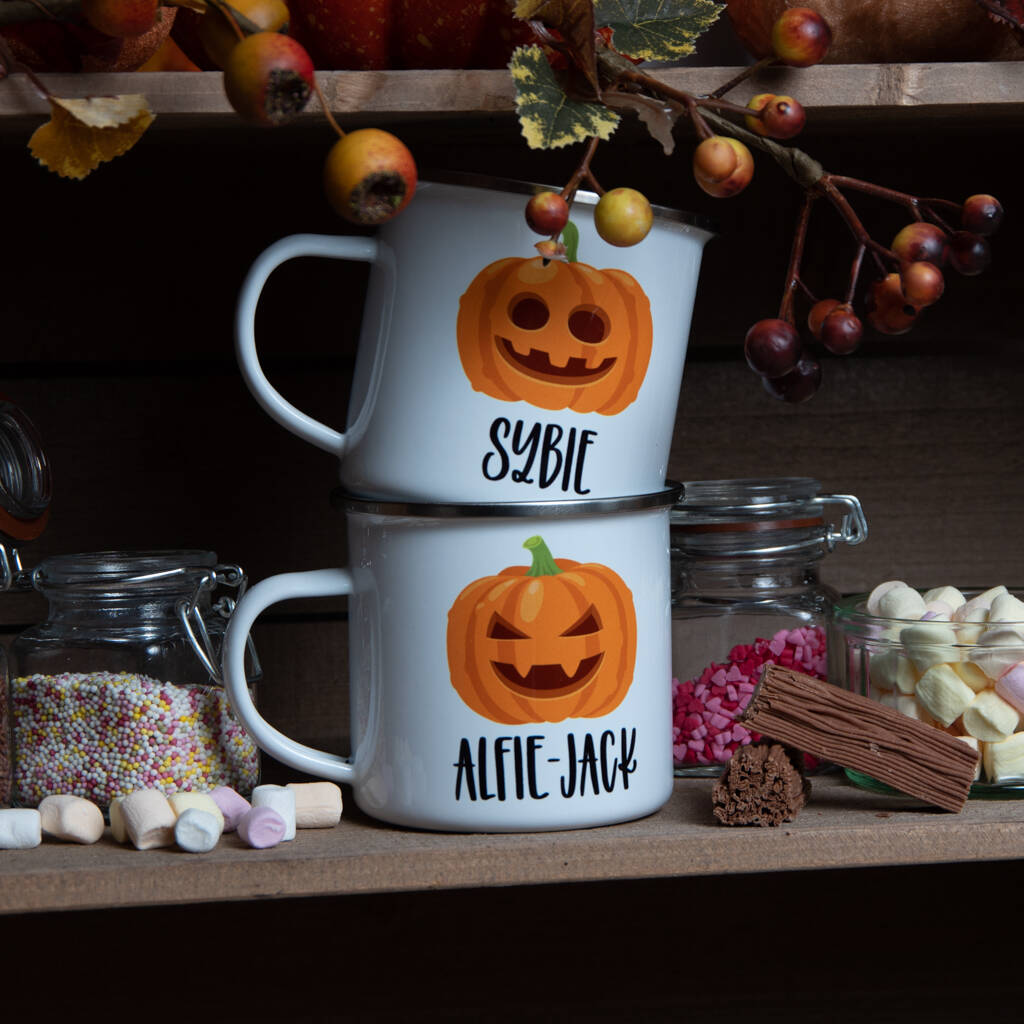 Personalised Pick Your Own Pumpkin Enamel Halloween Mug, 1 of 4