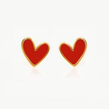 Gold Red Enamel Heart Stud Earrings, 2 of 6