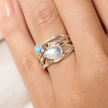 Molten Sterling Silver Moonstone And Blue Opal Ring, 2 of 8