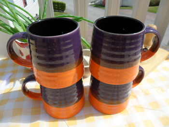 Set Of Four Reactive Glaze Brûlée Mugs In Purple And Orange, 4 of 8