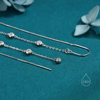 Sterling Silver Cz Bezel Cascade Drop U Threader Earrings, 4 of 11
