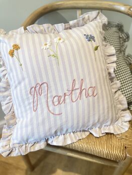 Hand Embroidered Personalised Lilac Nursery Pillow, 2 of 7