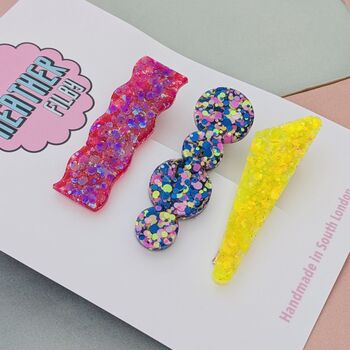 Pink, Blue And Yellow Glitter Assorted Resin Hair Clips, 2 of 4
