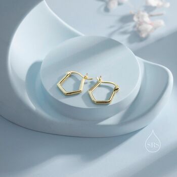 Sterling Silver Pentagon Shape Huggie Hoop Earrings, 2 of 10