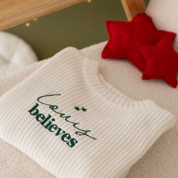 Personalised Name Believes Children's Christmas Knitted Jumper, 4 of 6