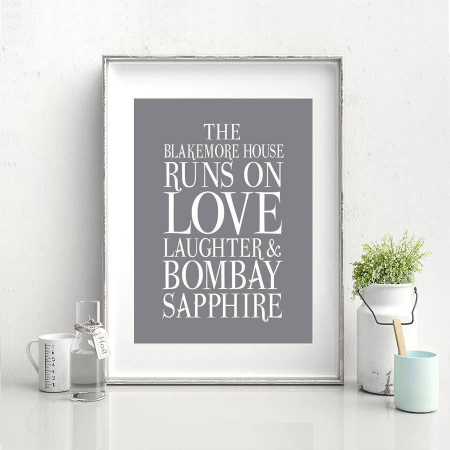 personalised love, laughter and bombay sapphire print by liberty bee