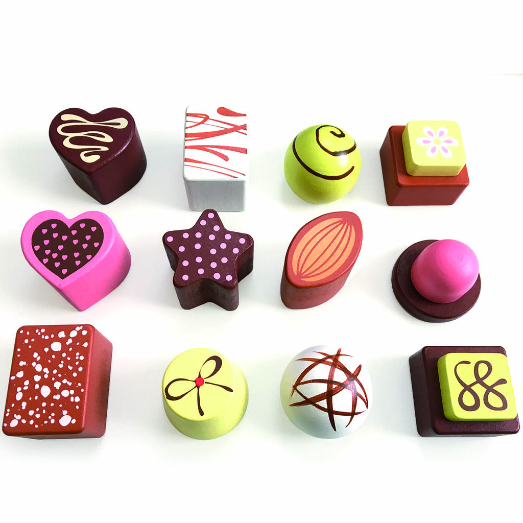 Wooden Chocolate Box, 12 Piece Play Food Set With Box By Bee Smart