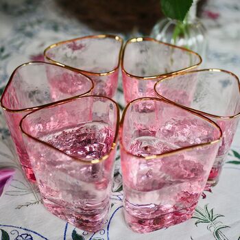 Pair Of Pink And Gold Rimmed Hammered Glasses, 2 of 11