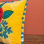 Saffron Yellow Floral Embroidered Cotton Velvet Cushion, thumbnail 5 of 7
