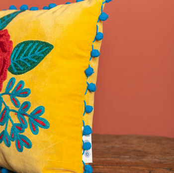 Saffron Yellow Floral Embroidered Cotton Velvet Cushion, 5 of 7