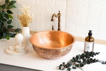 Engraved Matte Copper Vessel Sink With Drain Cap, 400 Mm Diameter, 3 of 8
