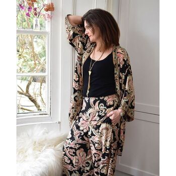 Black, Rose And Gold Floral Baroque Viscose Long Summer Jacket, 3 of 5