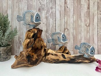 48cm Hand Carved Coral And Blue Fish Figurine On Teak Root Ornament, 5 of 9