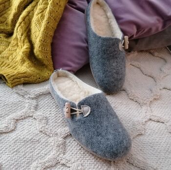 Grey Felt Mule Slippers With Cream Leather Details, 7 of 9