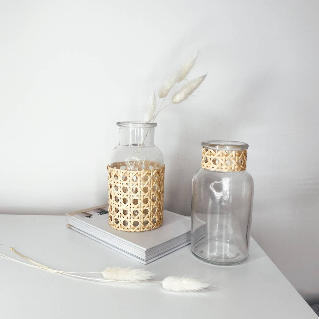 A Pair Of Vintage Rattan Glass Vases By Jasmine Alice Home