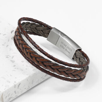 Personalised Men’s Rune Woven Brown Leather Bracelet, 2 of 12