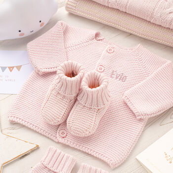 Luxury Cotton Dawn Pink Baby Cardigan And Booties Set, 3 of 12