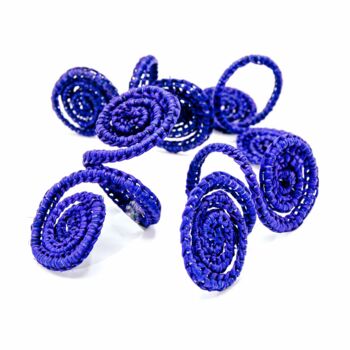 Set X Four Woven Natural Iraca Blue Spiral Napkin Rings, 4 of 5