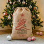 Personalised Tree Red Swirl Hessian Christmas Sack, thumbnail 2 of 2