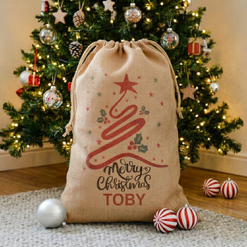 Personalised Tree Red Swirl Hessian Christmas Sack, 2 of 2