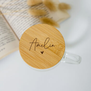 Personalised Double Wall Glass Tea Cup With Bamboo Lid, 3 of 5