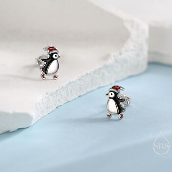 Sterling Silver Cute Penguin With Christmas Hat Stud Earrings, 5 of 11