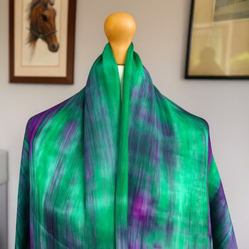 100% Mulberry Silk Scarf, Emerald Green Purple, Aurora Borealis, 8 of 10