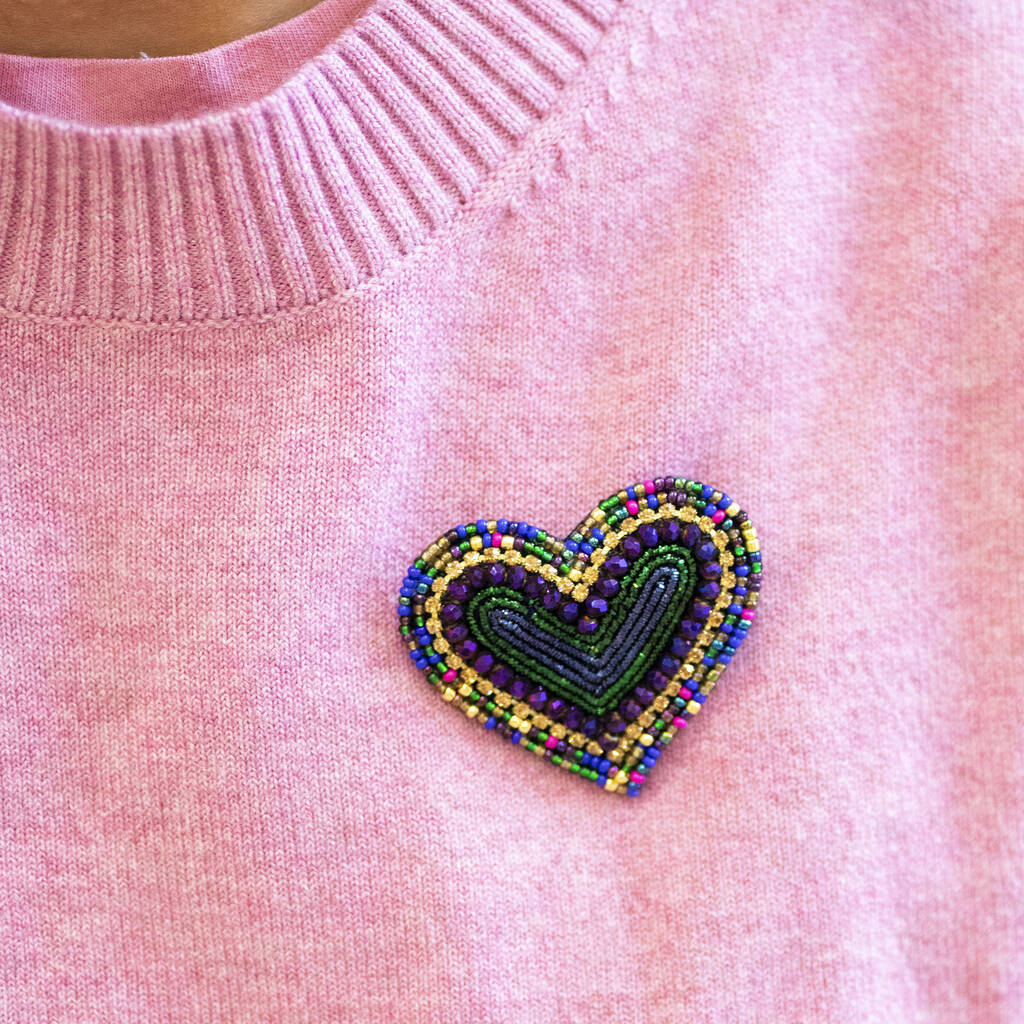 Beaded Heart Brooch Purple And Green, 1 of 2