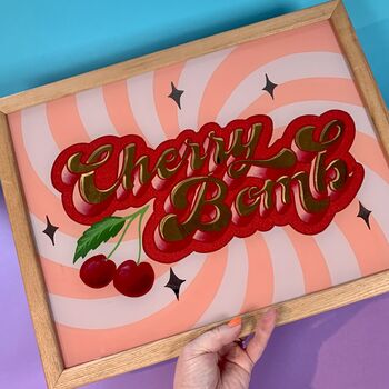 'Cherry Bomb' Reverse Glass Gold Leaf Wall Art Sign, 9 of 12