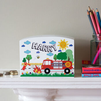 Personalised Fire Truck Themed Money Pot Piggy Bank, 5 of 10