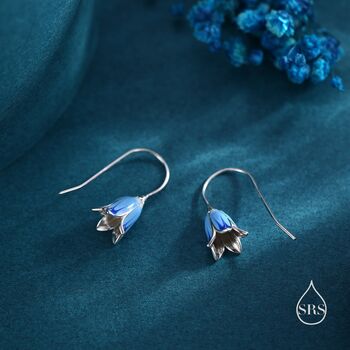 Sterling Silver Enamel Bluebell Flower Drop Hook Earrings, 2 of 10