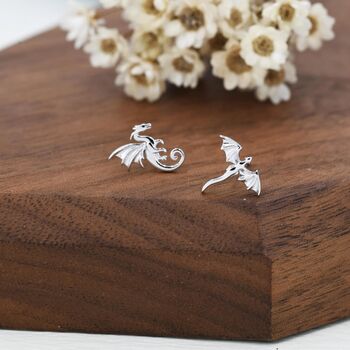 Extra Tiny Mismatched Dragon Stud Earrings In Sterling Silver, 5 of 12