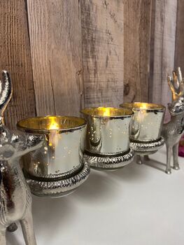 Silver Stag Triple Tealight Holder Metal And Glass Ornament Candle Holder, 2 of 8