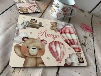 Kids Personalised Pink Teddy Bear Placemat, Coaster And Mug Dinner Set, 2 of 7